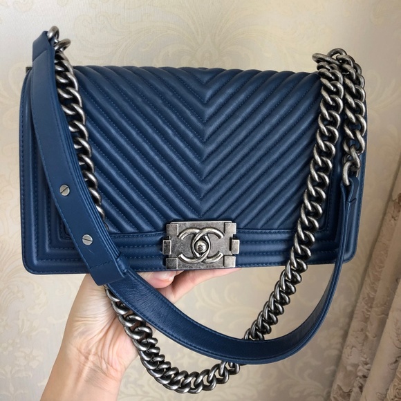 CHANEL Handbags - Lambskin Chevron Quilted Medium Boy Flap blue